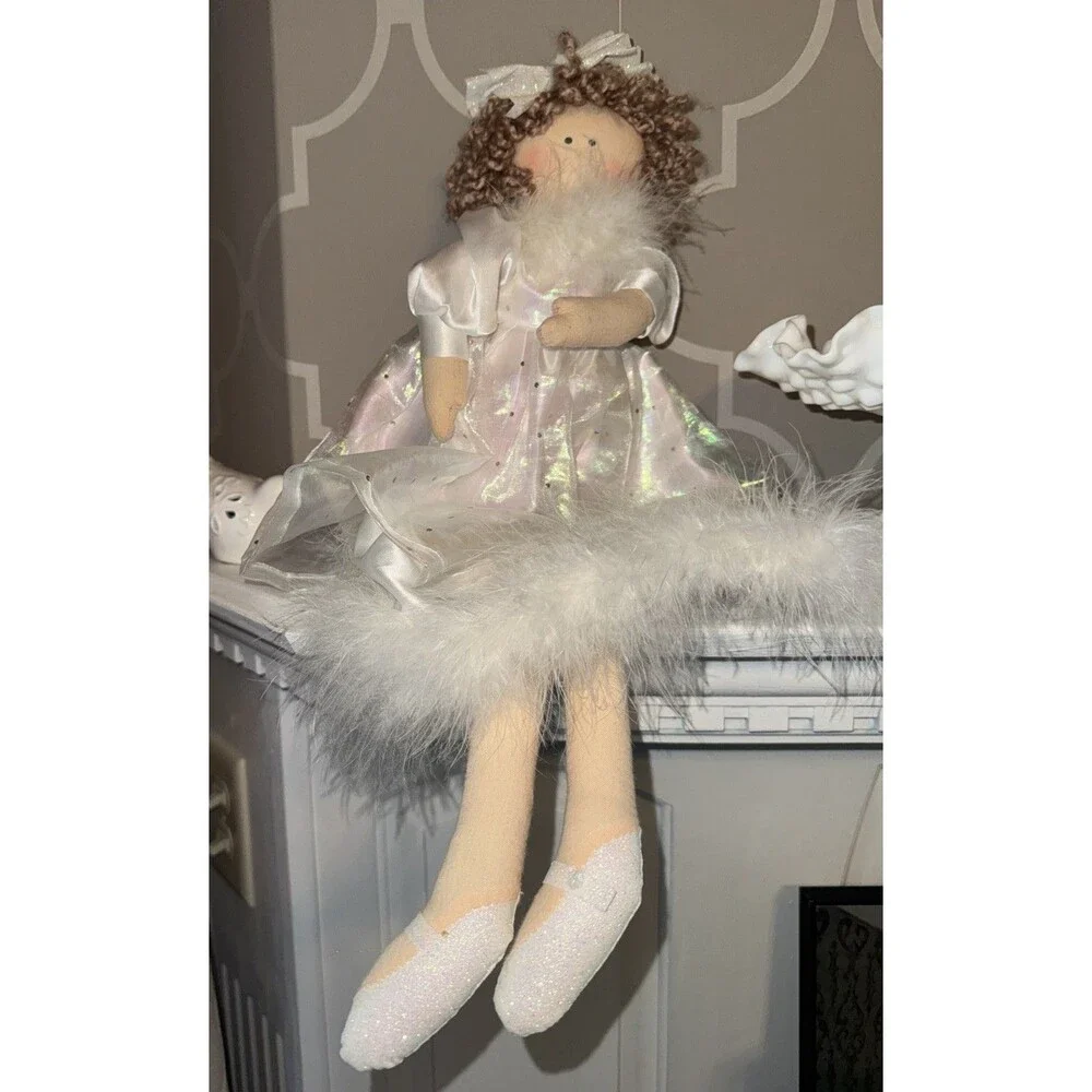 Ballerina Angel shelf Sitter Doll Plush Bean Bag White Glitter Bow Feather Trim